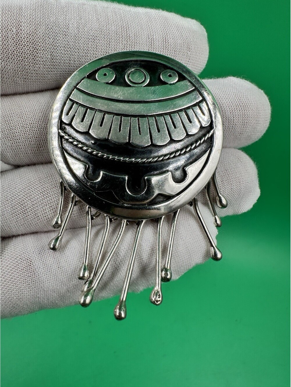 Abstract Maricela Taxco Mexico Sterling Modernist Maze Pendant/Brooch W/Dangles